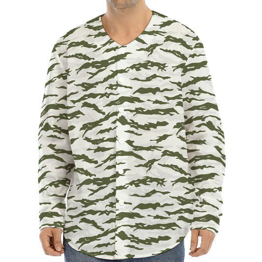Green And White Tiger Stripe Camo Print Long Sleeve Baseball Jersey