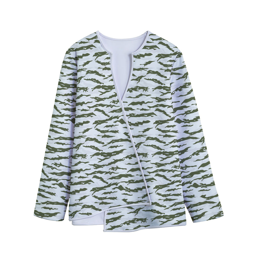 Green And White Tiger Stripe Camo Print Long Sleeve Short Coat