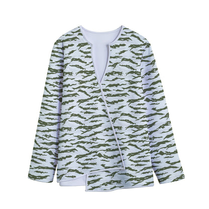 Green And White Tiger Stripe Camo Print Long Sleeve Short Coat