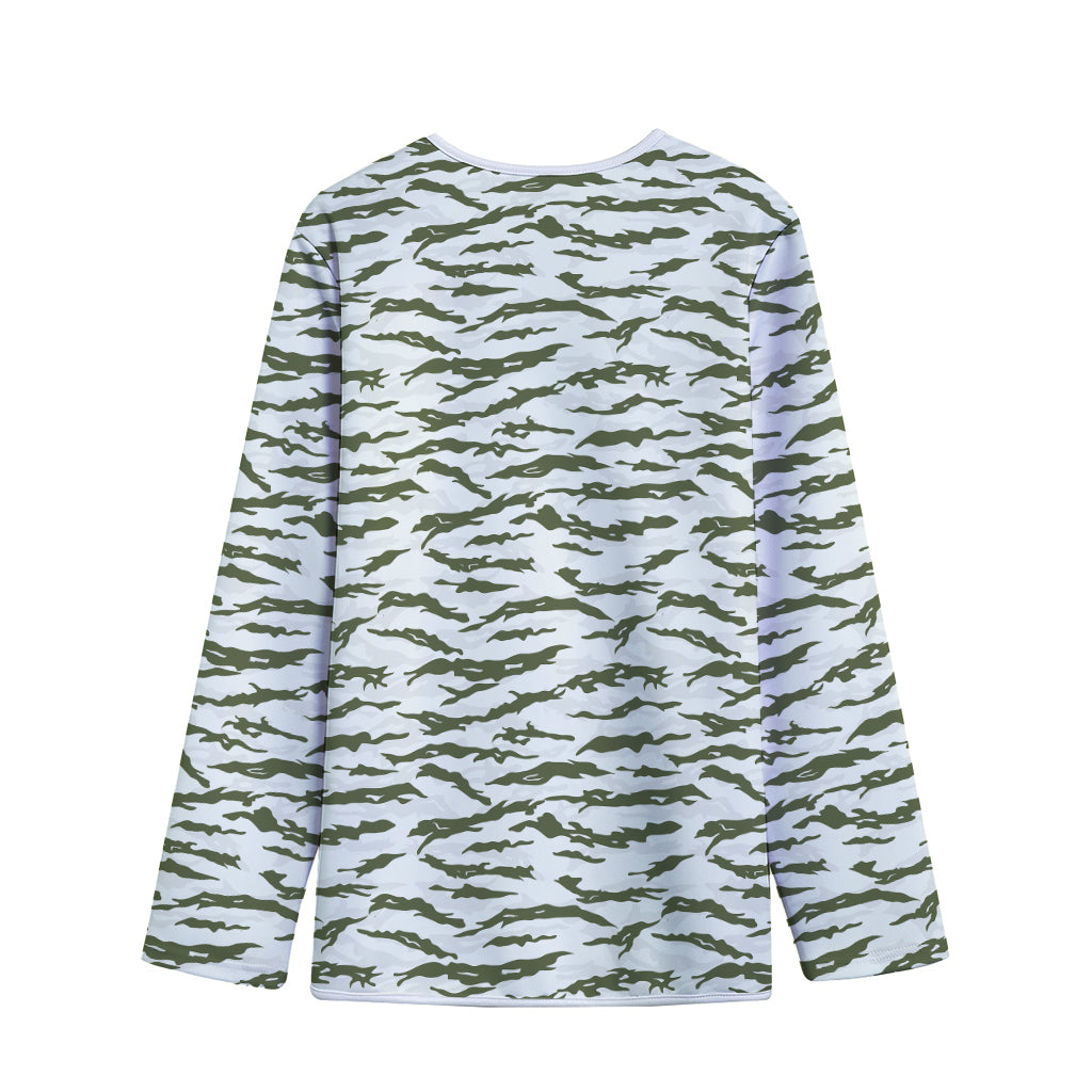 Green And White Tiger Stripe Camo Print Long Sleeve Short Coat