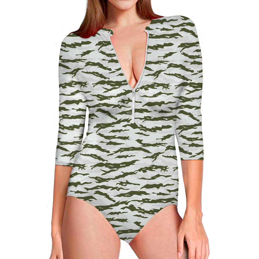 Green And White Tiger Stripe Camo Print Long Sleeve Swimsuit