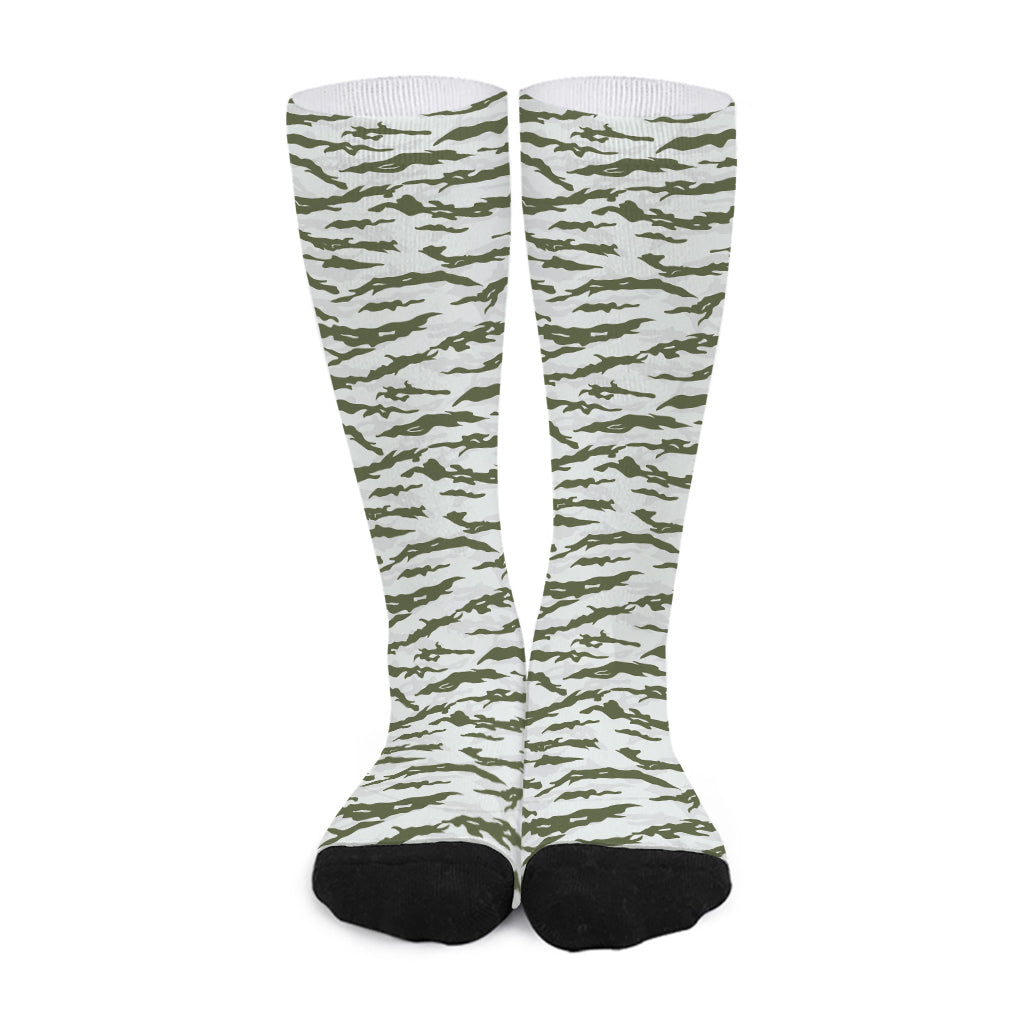 Green And White Tiger Stripe Camo Print Long Socks