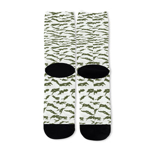 Green And White Tiger Stripe Camo Print Long Socks