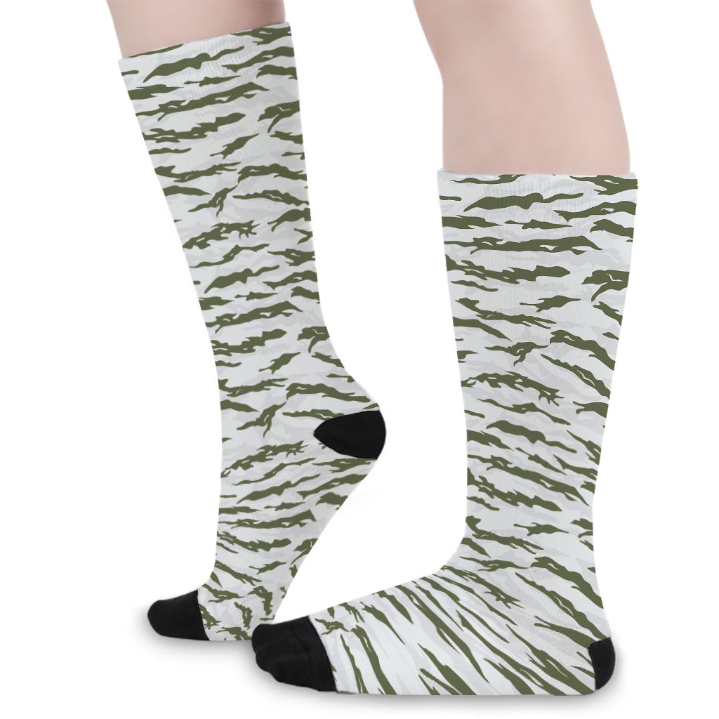 Green And White Tiger Stripe Camo Print Long Socks