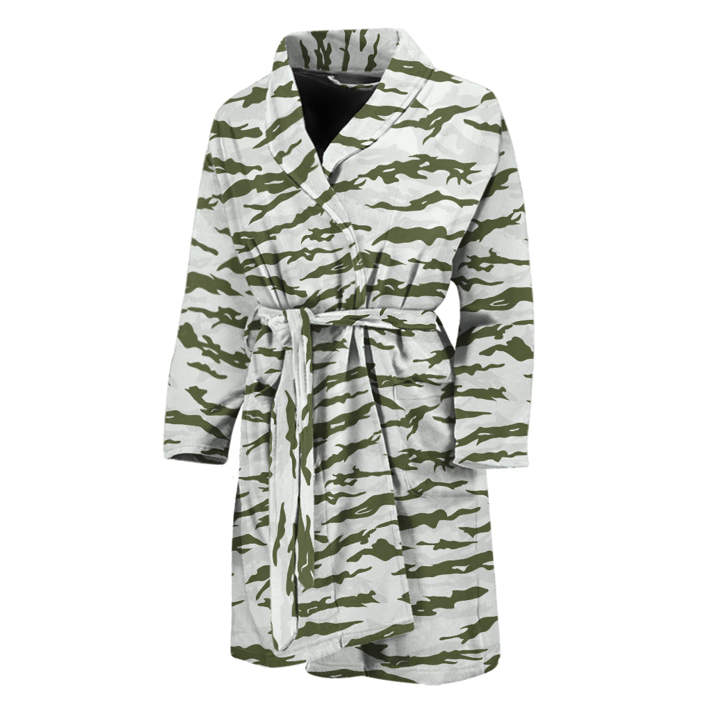 Green And White Tiger Stripe Camo Print Men's Bathrobe