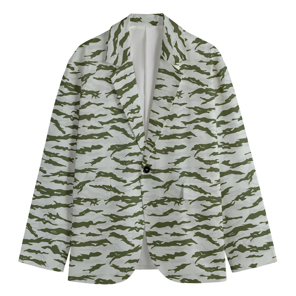 Green And White Tiger Stripe Camo Print Men's Blazer