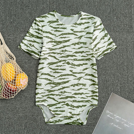 Green And White Tiger Stripe Camo Print Men's Bodysuit