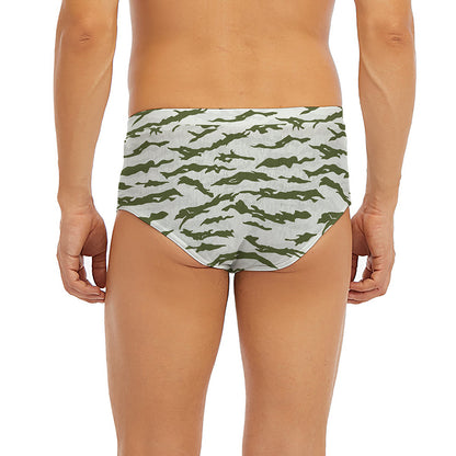 Green And White Tiger Stripe Camo Print Men's Briefs