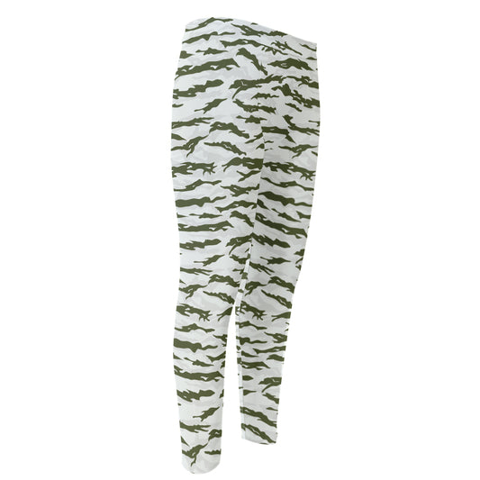 Green And White Tiger Stripe Camo Print Men's Compression Pants