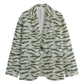 Green And White Tiger Stripe Camo Print Men's Cotton Blazer