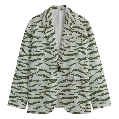 Green And White Tiger Stripe Camo Print Men's Cotton Blazer