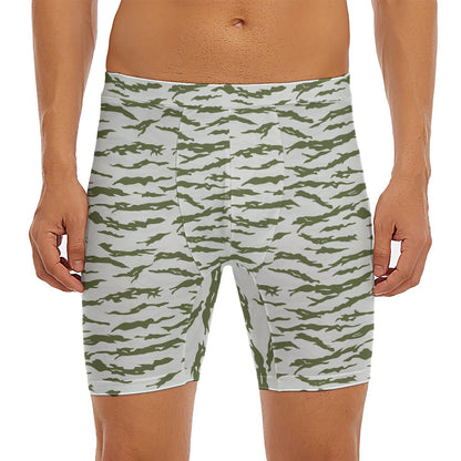 Green And White Tiger Stripe Camo Print Men's Long Boxer Briefs