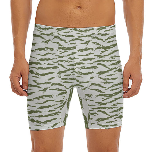 Green And White Tiger Stripe Camo Print Men's Long Boxer Briefs