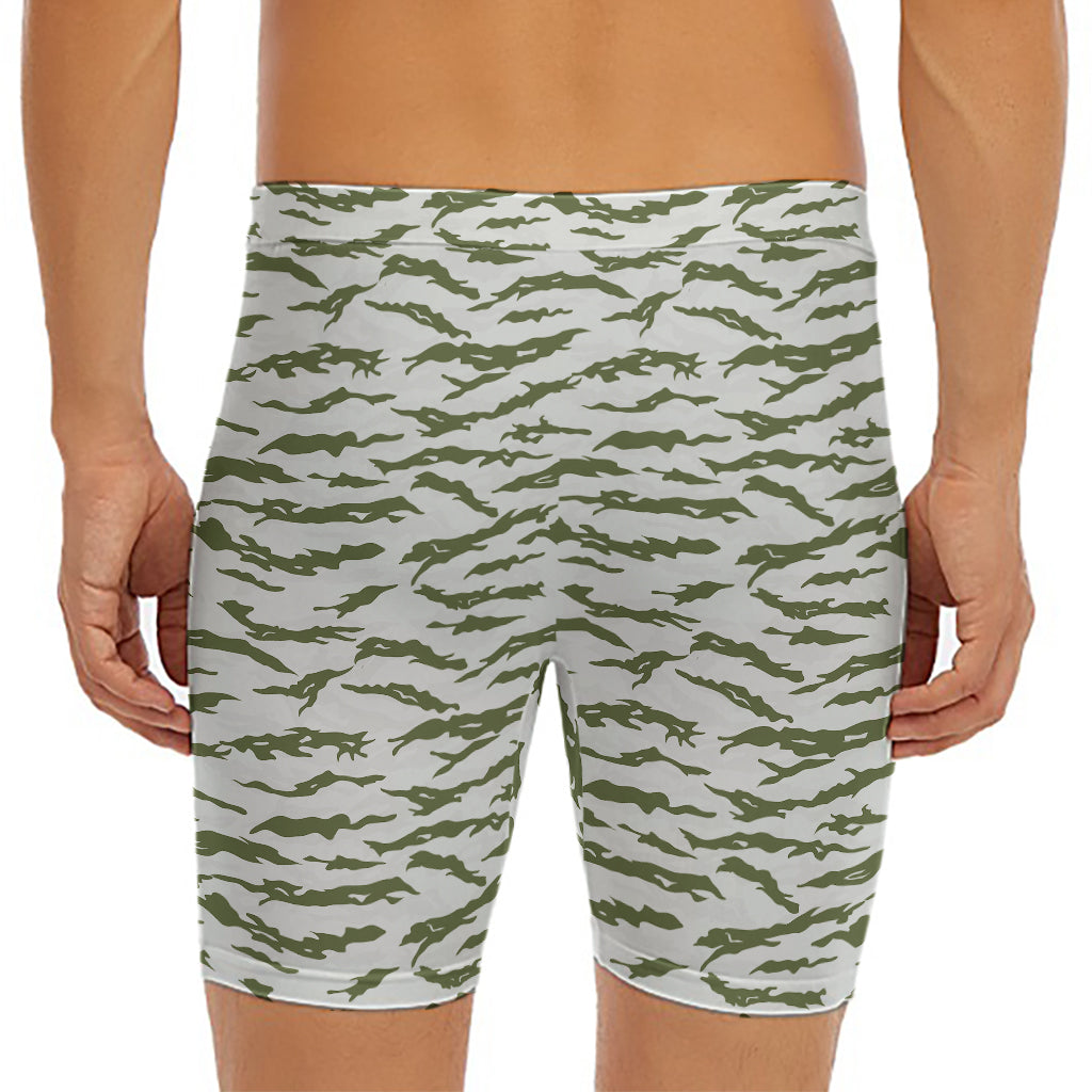 Green And White Tiger Stripe Camo Print Men's Long Boxer Briefs