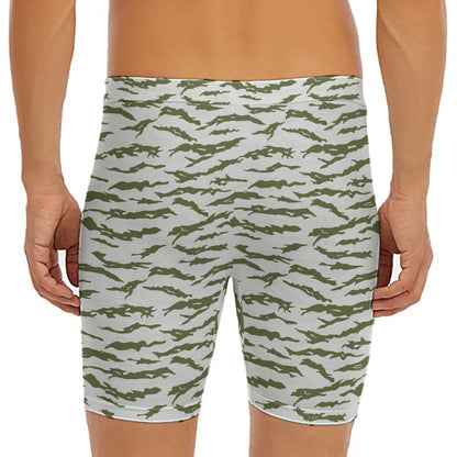 Green And White Tiger Stripe Camo Print Men's Long Boxer Briefs