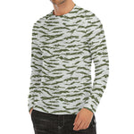 Green And White Tiger Stripe Camo Print Men's Long Sleeve Rash Guard