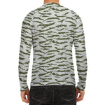 Green And White Tiger Stripe Camo Print Men's Long Sleeve Rash Guard