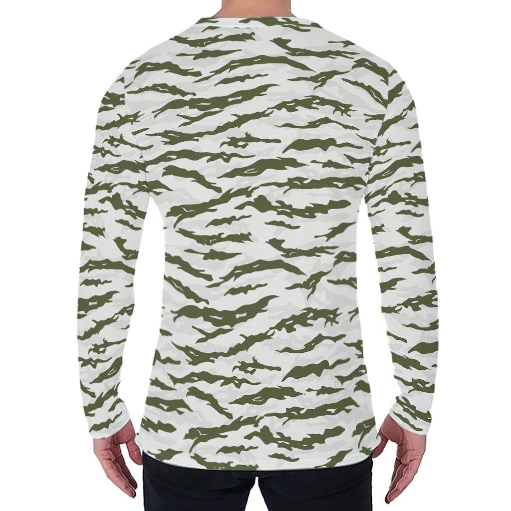 Green And White Tiger Stripe Camo Print Men's Long Sleeve T-Shirt