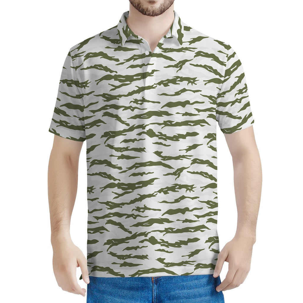 Green And White Tiger Stripe Camo Print Men's Polo Shirt