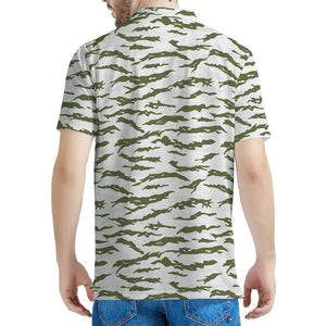 Green And White Tiger Stripe Camo Print Men's Polo Shirt
