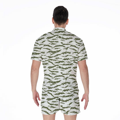 Green And White Tiger Stripe Camo Print Men's Rompers