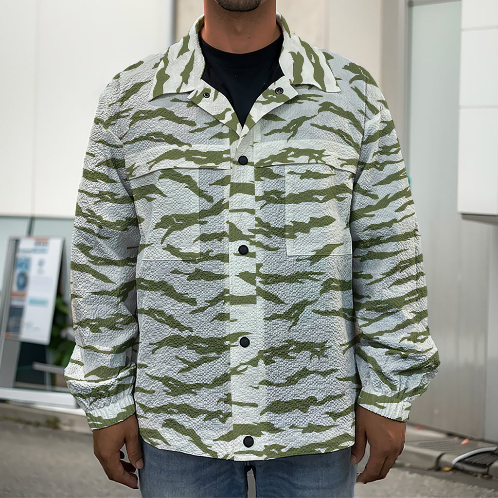 Green And White Tiger Stripe Camo Print Men's Shirt Jacket