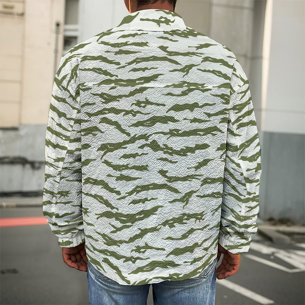 Green And White Tiger Stripe Camo Print Men's Shirt Jacket