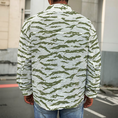 Green And White Tiger Stripe Camo Print Men's Shirt Jacket