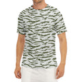 Green And White Tiger Stripe Camo Print Men's Short Sleeve Rash Guard