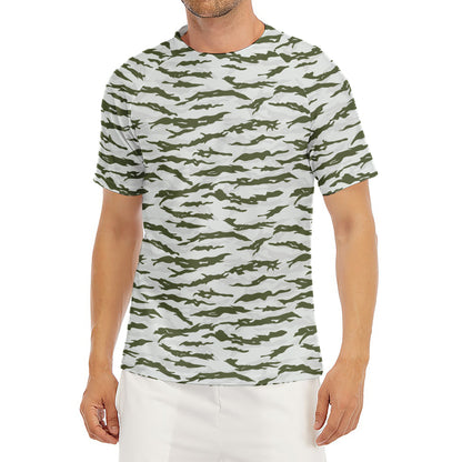Green And White Tiger Stripe Camo Print Men's Short Sleeve Rash Guard