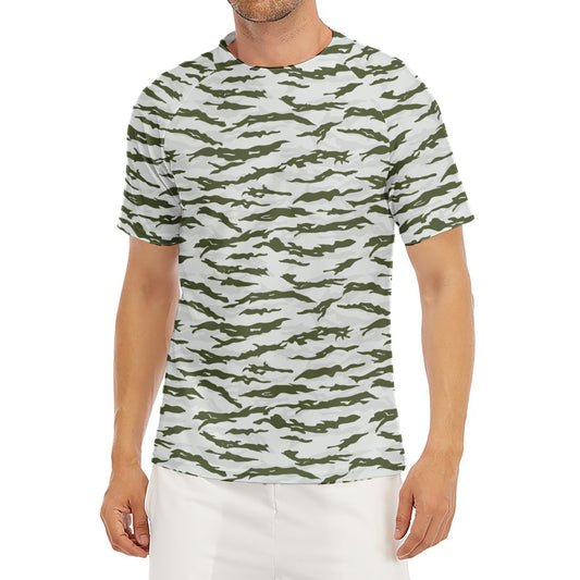Green And White Tiger Stripe Camo Print Men's Short Sleeve Rash Guard