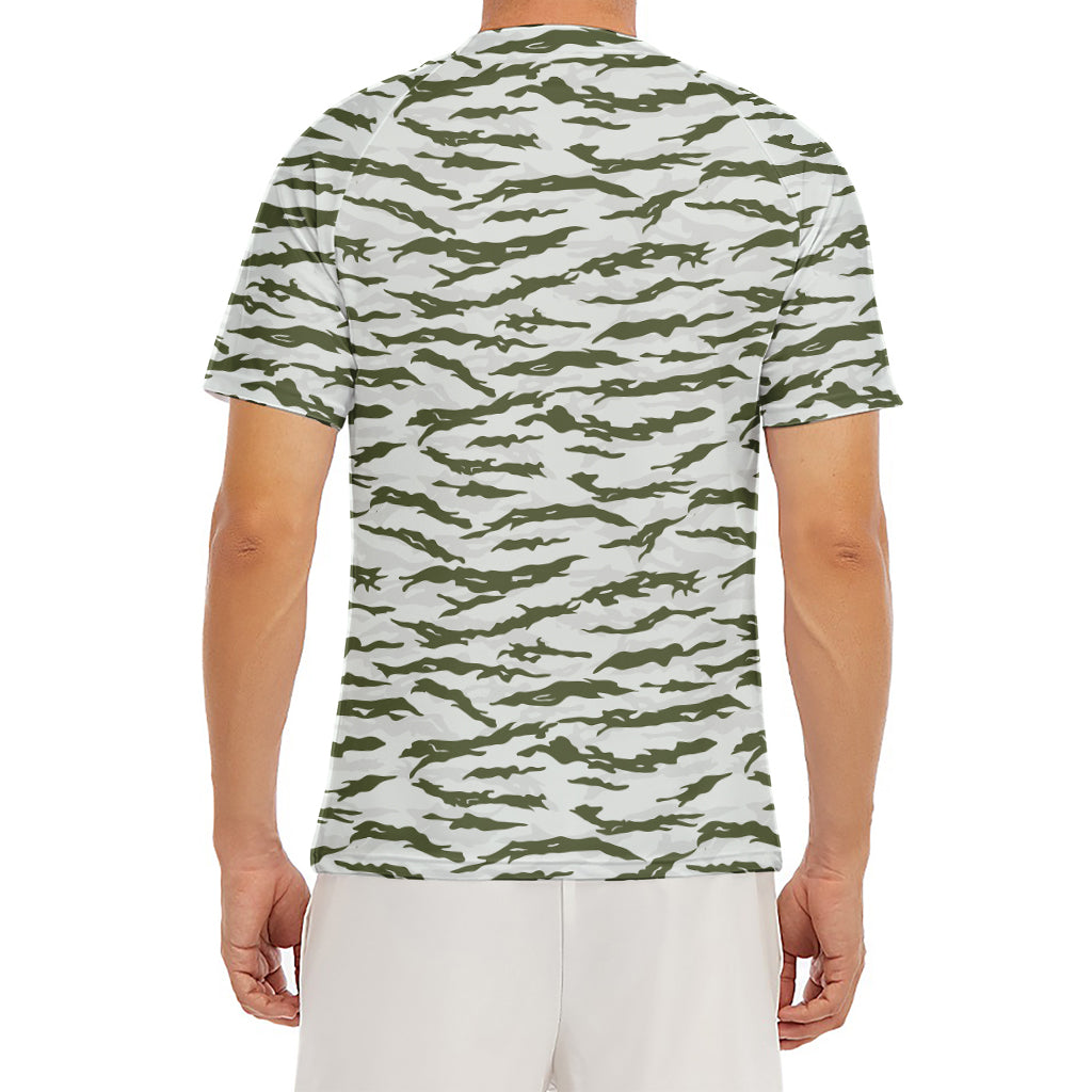 Green And White Tiger Stripe Camo Print Men's Short Sleeve Rash Guard