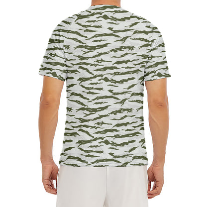Green And White Tiger Stripe Camo Print Men's Short Sleeve Rash Guard