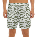 Green And White Tiger Stripe Camo Print Men's Split Running Shorts