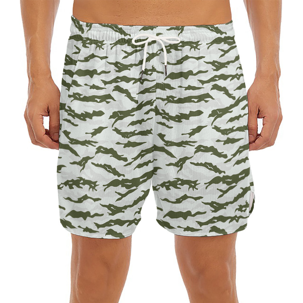 Green And White Tiger Stripe Camo Print Men's Split Running Shorts