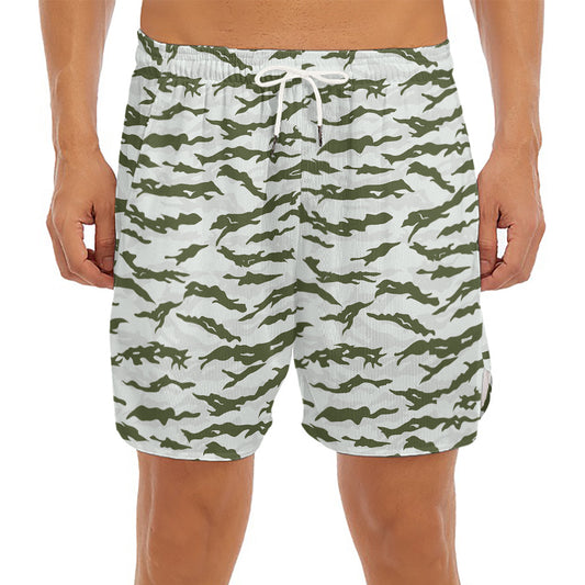 Green And White Tiger Stripe Camo Print Men's Split Running Shorts