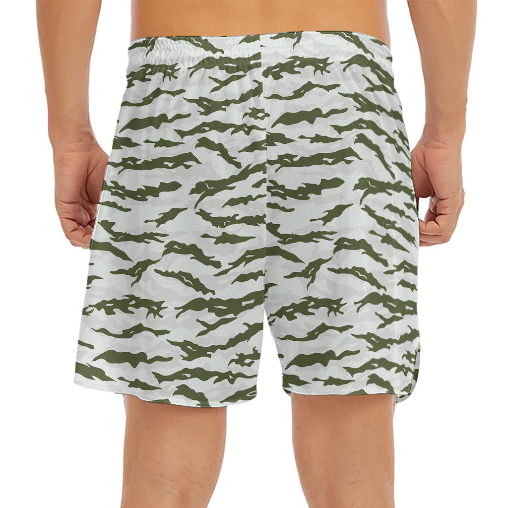 Green And White Tiger Stripe Camo Print Men's Split Running Shorts