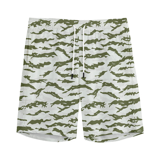 Green And White Tiger Stripe Camo Print Men's Sports Shorts