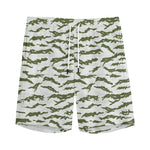 Green And White Tiger Stripe Camo Print Men's Sports Shorts