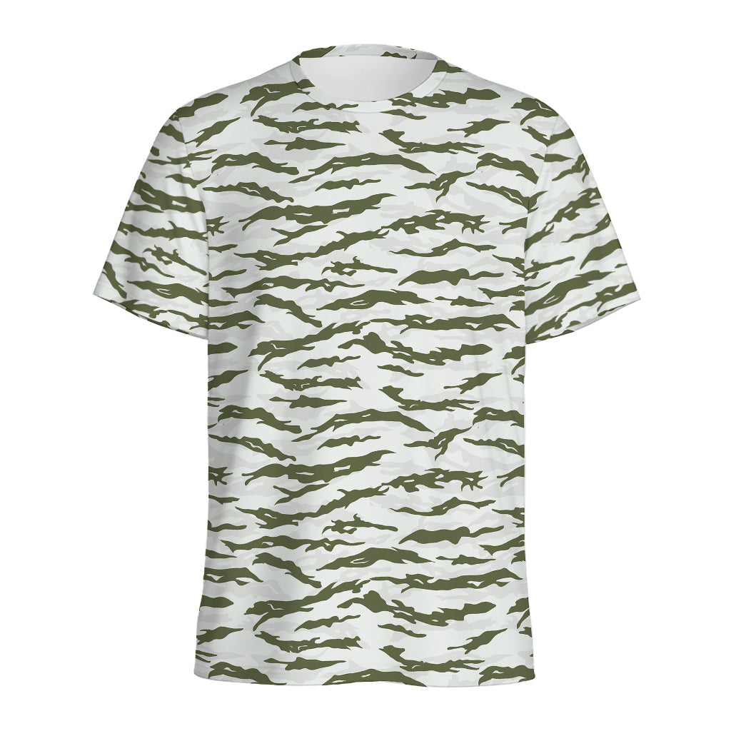 Green And White Tiger Stripe Camo Print Men's Sports T-Shirt