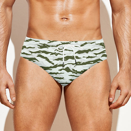 Green And White Tiger Stripe Camo Print Men's Swim Briefs