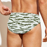 Green And White Tiger Stripe Camo Print Men's Swim Briefs