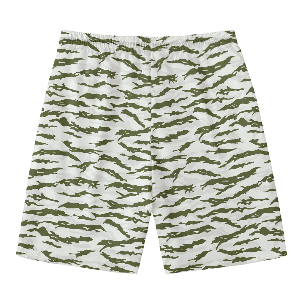 Green And White Tiger Stripe Camo Print Men's Swim Trunks