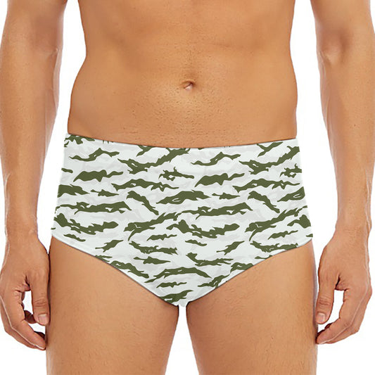 Green And White Tiger Stripe Camo Print Men's Triangle Swim Briefs