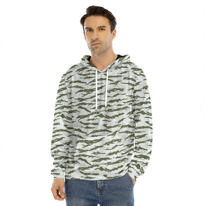 Green And White Tiger Stripe Camo Print Men's Velvet Pullover Hoodie