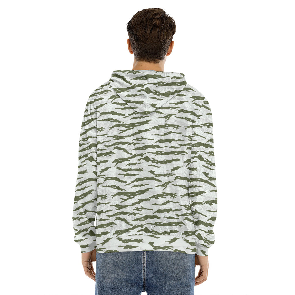 Green And White Tiger Stripe Camo Print Men's Velvet Pullover Hoodie