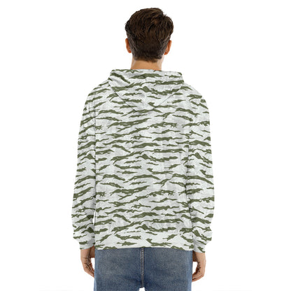 Green And White Tiger Stripe Camo Print Men's Velvet Pullover Hoodie