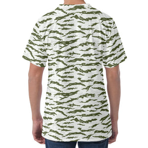 Green And White Tiger Stripe Camo Print Men's Velvet T-Shirt