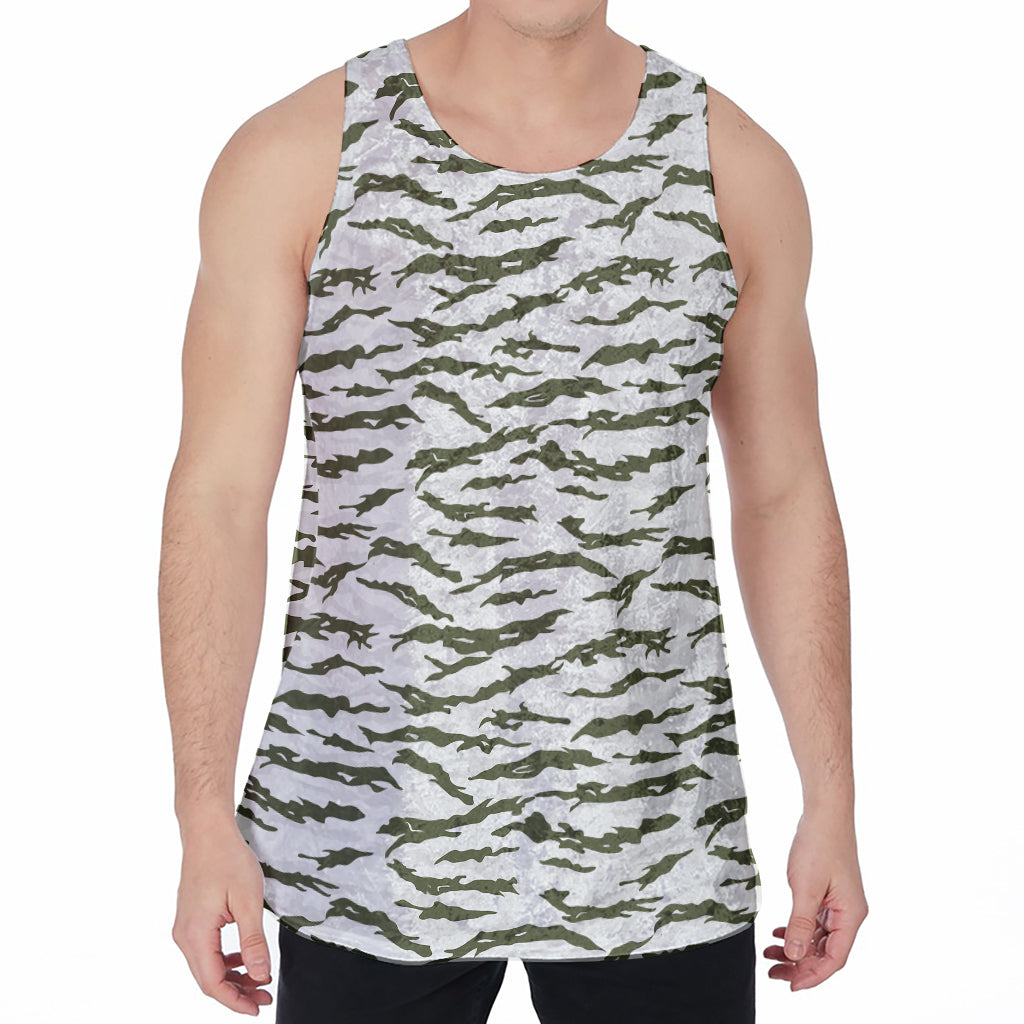 Green And White Tiger Stripe Camo Print Men's Velvet Tank Top