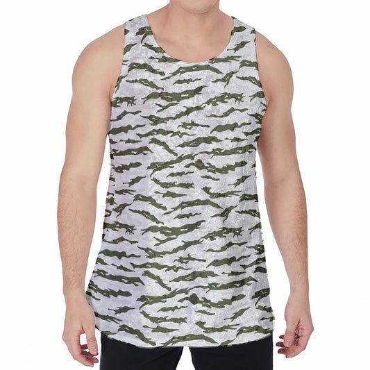 Green And White Tiger Stripe Camo Print Men's Velvet Tank Top